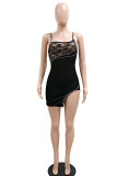 Black Sexy Solid Patchwork See-through Hot Drill Spaghetti Strap One Step Skirt Dresses