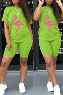 Fluorescent Color Casual Print Split Joint O Neck Short Sleeve Two Pieces