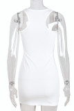 White Sexy Print Patchwork U Neck One Step Skirt Dresses
