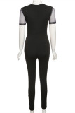 Black Fashion Sexy Patchwork See-through O Neck Skinny Jumpsuits