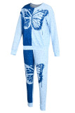 Blue Casual Butterfly Print Patchwork O Neck Long Sleeve Two Pieces