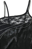 Black Sexy Solid Patchwork See-through Hot Drill Spaghetti Strap One Step Skirt Dresses