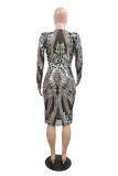 Red Fashion Sexy Patchwork Sequins See-through V Neck Long Sleeve Dresses