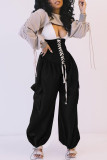 Black Fashion Casual Solid Basic Regular High Waist Wide Leg Trousers