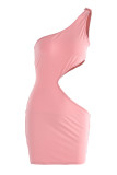 Pink Fashion Sexy Solid Hollowed Out Asymmetrical One Shoulder Sleeveless Dress