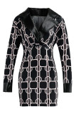 Matte Black Fashion Casual Print Split Joint V Neck Long Sleeve Dresses