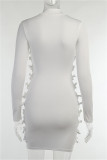 White Fashion Sexy Solid Hollowed Out Turtleneck Long Sleeve Dresses