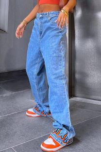 Blue Fashion Casual Print Basic Mid Waist Regular Denim Jeans