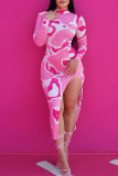 Rose Red Fashion Sexy Print Slit Half A Turtleneck Long Sleeve Dresses