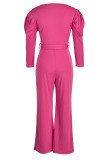 Rose Red Casual Solid Patchwork With Belt V Neck Straight Jumpsuits(Contain The Belt)