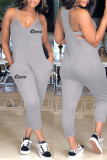 Blue Sexy Casual Letter Print Backless Spaghetti Strap Regular Jumpsuits