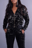 Black Fashion Casual Patchwork Sequins Zipper Collar Long Sleeve Two Pieces