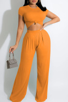 Orange Fashion Casual Solid Basic O Neck Short Sleeve Two Pieces