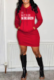 Rose Red Fashion Casual Letter Print Basic Hooded Collar Long Sleeve Dresses