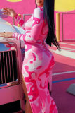 Rose Red Fashion Sexy Print Slit Half A Turtleneck Long Sleeve Dresses