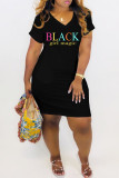 Red Fashion Casual Letter Print Basic V Neck Short Sleeve Dress