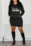 Grey Fashion Casual Letter Print Basic Hooded Collar Long Sleeve Dresses