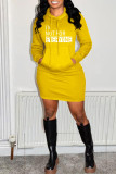 Yellow Fashion Casual Letter Print Basic Hooded Collar Long Sleeve Dresses