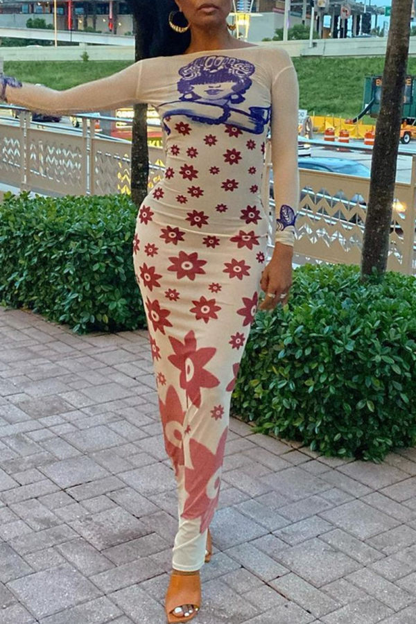 White Fashion Sexy Print Basic O Neck Long Sleeve Dresses