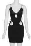 Black Fashion Sexy Solid Hollowed Out Backless V Neck Sling Dress (No Sleeves)
