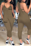 Blue Sexy Casual Letter Print Backless Spaghetti Strap Regular Jumpsuits