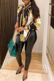 Yellow Black Fashion Casual Print Basic Long Sleeved Shirt Tops