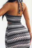 Stripe Fashion Sexy Print Backless Halter Sleeveless Two Pieces