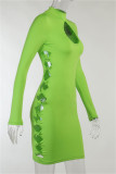 Green Fashion Sexy Solid Hollowed Out Turtleneck Long Sleeve Dresses
