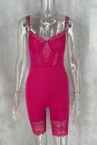 Rose Red Sexy Solid Patchwork See-through Spaghetti Strap Skinny Rompers