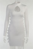 White Fashion Sexy Solid Hollowed Out Turtleneck Long Sleeve Dresses