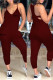 Burgundy Sexy Casual Letter Print Backless Spaghetti Strap Regular Jumpsuits