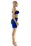 Peacock Blue Fashion Sexy Print Backless Strapless Sleeveless Two Pieces