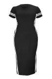 Black Fashion Casual Plus Size Solid Split Joint Slit O Neck Short Sleeve Dress (Without Belt)