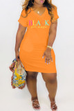 Red Fashion Casual Letter Print Basic V Neck Short Sleeve Dress