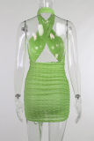 Green Fashion Sexy Solid Hollowed Out Backless Halter Sleeveless Dress