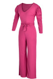Rose Red Casual Solid Patchwork With Belt V Neck Straight Jumpsuits(Contain The Belt)