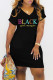 Black Fashion Casual Letter Print Basic V Neck Short Sleeve Dress