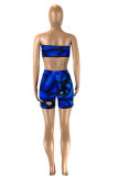 Peacock Blue Fashion Sexy Print Backless Strapless Sleeveless Two Pieces