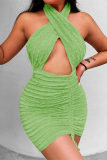 Green Fashion Sexy Solid Hollowed Out Backless Halter Sleeveless Dress