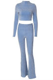 Blue Fashion Casual Solid Basic Turtleneck Long Sleeve Two Pieces