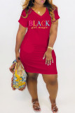 Red Fashion Casual Letter Print Basic V Neck Short Sleeve Dress