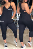 Blue Sexy Casual Letter Print Backless Spaghetti Strap Regular Jumpsuits