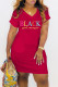 Red Fashion Casual Letter Print Basic V Neck Short Sleeve Dress