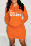 Orange Fashion Casual Letter Print Basic Hooded Collar Long Sleeve Dresses