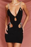 Black Fashion Sexy Solid Hollowed Out Backless V Neck Sling Dress (No Sleeves)