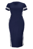 Gray Blue Fashion Casual Plus Size Solid Split Joint Slit O Neck Short Sleeve Dress (Without Belt)