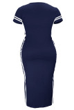 Tibetan Blue Fashion Casual Plus Size Solid Split Joint Slit O Neck Short Sleeve Dress (Without Belt)