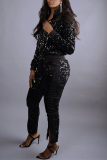 Black Fashion Casual Patchwork Sequins Zipper Collar Long Sleeve Two Pieces