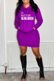 Purple Fashion Casual Letter Print Basic Hooded Collar Long Sleeve Dresses