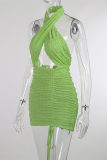 Green Fashion Sexy Solid Hollowed Out Backless Halter Sleeveless Dress